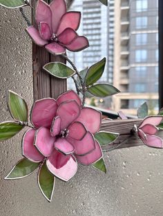 a pink flower hanging from the side of a window sill in front of a tall building