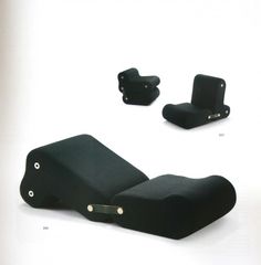 three different types of black seats on a white background