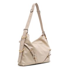 Beige leather shoulder bag from Givenchy. The Voyou medium shoulder bag is made of calf leather featuring both silver- and gold-toned hardware, an adjustable shoulder strap, complete with an internal pouch.Measurements: L40 x H27 x W6.5cmMade in Italy Modern Satchel With Silver-tone Hardware For Daily Use, Everyday Luxury Beige Crossbody Bag, Beige Crossbody Bags For Everyday Luxury, Leather Satchel Shoulder Bag With Metal Hardware, Modern Hobo Shoulder Bag With Silver-tone Hardware, Leather Saddle Shoulder Bag With Metal Hardware, Leather Hobo Bag With Silver-tone Hardware, Leather Hobo Shoulder Bag With Silver-tone Hardware, Luxury Satchel Shoulder Bag With Silver-tone Hardware