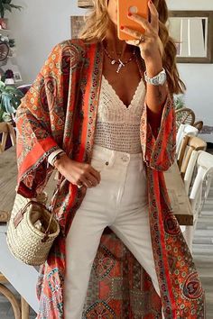 Vetement Hippie Chic, Dresses Casual Boho, Look Boho Chic, Summer Coats, Long Sleeve Kimono, Boho Cardigan