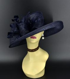 "✿*.Key Features.*✿ One of my favorite hats! It looks like a medium brim hat in pictures, actually the brim is more wide. Coming with big bows and trimmed feathers. 3 Layers high quality sinamay. It's more beautiful in person! Great for Kentucky derby, weddings, church, Easter, Royal Ascot, horse races, cocktails, tea party, or any hat wearing occasion. Hat base size: From front to back: 16.5\" (42cm) From left to right: 16\" (41cm) Wide brim appr: 4.25~5\" Head girth: 22.5\" (57cm) , adjustable Luxury Fedora With Flat Crown For Kentucky Derby, Luxury Artisan Felt Hat For Kentucky Derby, Luxury Fitted Cowboy Hat For Kentucky Derby, Luxury Adjustable Cowboy Hat For Kentucky Derby, Luxury Wide-brim Fedora For Kentucky Derby, Luxury Fitted Blue Costume Hats And Headpieces, Luxury Travel Hats For Kentucky Derby, Luxury Blue Hat Bands For Kentucky Derby, Luxury Curved Brim Hat For Kentucky Derby