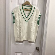 Authentic Ladies Talbots Sweater Vest Medium New With Tags White With Green Accent Trendy White Winter Sweater Vest, Trendy White Sweater Vest, Trendy White Sweater Vest For Spring, White Retro Sweater Vest For Fall, Retro White Sweater Vest For Fall, White Fitted Retro Sweater Vest, Green Sweater Vest, Talbots Sweater, Vest White