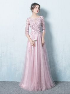 A-Line/Princess Scoop 1/2 Sleeves Floor-Length Applique Tulle Dresses DressyWell Long Dress Satin, Gaun Tulle, Pink Evening Dresses, Prom Dress Pink, Occasion Dresses Wedding Guest, Pink Evening Dress, Prom Dresses 2017, Tulle Evening Dress, Prom Dresses 2019