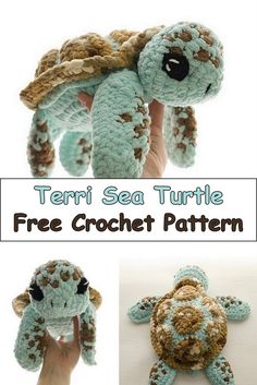 there is a crocheted turtle that has been made into a stuffed animal with the words terri sea turtle free crochet pattern