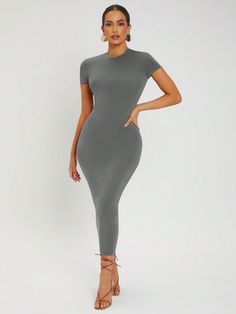 Dark Grey Elegant Collar Short Sleeve Knitted Fabric Plain Bodycon Embellished Medium Stretch Summer Women Clothing Dress Appropriately, Beachwear Fashion, Estilo Hip Hop, Modest Clothing, Neck Bodycon Dress, Top Models, Todays Outfit, Turtle Neck Dress, Women Long Dresses