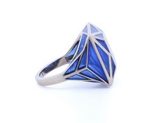 Blue plique-à-jour enamel ring in 18K white gold. Signed SA-P for Solange Azagury-Partridge, with English hallmarks. The retail price is £5800 (approximately $7500). Plique-à-jour is a difficult enameling process in which enamel is applied to an area with no backing instead of onto metal. The result is the enamel is transparent or translucent. Jewellery Marketing, Enamel Ring, Partridge, Gold Design, Ring Size, White Gold, Square, Ring, Gold