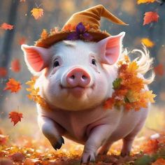 a pig with a hat on it's head is running through leaves in the air