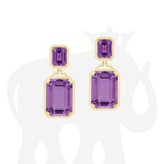 JE0498-AM-Y 'Gossip' Long Double Emerald Cut Amethyst Earrings in 18K Yellow Gold. Stone Size: 10 x 8 - 20 x 14 mm Emerald Earrings Studs, Gold Stone, Custom Earrings, Women Diamond, Amethyst Earrings, Emerald Cut, Things To Buy, Makeup Cosmetics, Cool Things To Buy