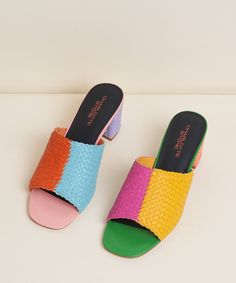 If you like color, you'll definitely love Katie Kortman, which is exactly why we asked her to be our second-ever CS Color Muse™ and color everyone's favorite multicolor shoe. She's still equal parts statement shoe and jeans-and-tee slide, but this time, she's in every color Katie could possibly imagine. A quintessential CS woven leather heel. Open toe, 2.5" block heel, hand-woven leather or suede uppers in our mismatch. With style, comfort, and eye-catching color, these shoes just don't quit—but Shoe Customization, Charlotte Stone, Office Girl, Multicolor Shoes, Block Heel Mule, Don't Quit, Summer Capsule, Gallery Owner, Statement Shoe