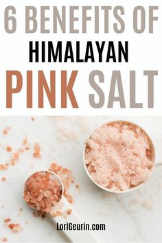 himalayan pink salt in small white bowls with spoons next to it and text overlay that reads 6 benefits of himalayan pink salt