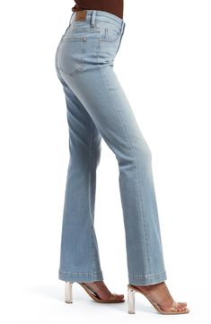 Add a vintage vibe to your casual looks with stretchy, curve-hugging flare jeans featuring trouser-style hems and a faded light wash. 21 1/2" leg opening; 9 1/2" front rise; 15" back rise Zip fly with button closure Five-pocket style 65% cotton, 13% lyocell, 13% polyester, 7% recycled cotton, 2% elastane Machine wash, line dry Made in Turkey Fitted Wide Leg Flare Jeans In Washed Blue, Washed Blue Fitted Flare Jeans, Fitted Wide Leg Washed Blue Flare Jeans, Washed Blue Fitted Wide-leg Flare Jeans, Fitted Wide-leg Washed Blue Flare Jeans, Fitted Full Length Washed Blue Flare Jeans, High Rise Fitted Light Wash Flares, Fitted Light Wash Flare Jeans With Frayed Hem, Fall Light Wash Full Length Flare Jeans