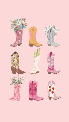 a pink background with many different types of boots and flowers on the bottom right hand corner