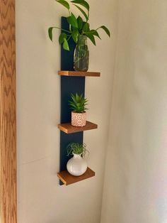 three wooden shelves with plants and vases on them in the corner of a room