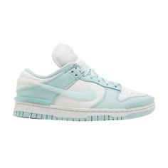 Find NIKE Wmns Dunk Low Twist 'jade Ice on Editorialist. The Nike Women’s Dunk Low Twist ‘Jade Ice’ features a leather upper in white and pale aqua hues. TPU Swooshes adorn the side panel, while a raised Nike logo graces the exaggerated tongue. Underpinning the sneaker is a durable rubber cupsole, highlighted by stitched sidewall construction and an interior foam wedge for lightweight cushioning. Nike Light Blue Sneakers For Light Sports, Light Blue Low-top Sneakers For Running, Light Blue Low-top Sneakers For Streetwear, Sporty Light Blue Running Sneakers, Light Blue Low-top Air Max Sneakers, Light Blue High-top Running Sneakers, Light Blue High-top Sneakers For Light Sports, Light Blue High-top Sneakers With Gum Sole, Light Blue High-top Sporty Sneakers