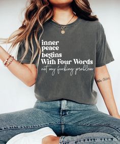 This Inner Peace Begins with Four Words Tee exudes a calming and introspective vibe, perfect for those seeking mindfulness and tranquility in their daily lives. It is ideal for individuals interested in spirituality, yoga, and self-care practices. This tee is relevant for occasions like World Mental Health Day, Yoga Awareness Month, and International Day of Peace. Product features - Shoulder tape for stability - Ribbed knit collar without seam for elasticity - Made with specially spun fibers for a strong and smooth fabric - Classic fit for comfy wear - Ethically and sustainably made from 100% US cotton Care instructions - Machine wash: warm (max 40C or 105F) - Non-chlorine: bleach as needed - Tumble dry: medium - Do not iron - Do not dryclean Inspirational Quote Print Top In Relaxed Fit, Cotton Relaxed Fit Top For Meditation, Inspirational Quote Print Top With Relaxed Fit, Relaxed Fit Graphic Print Tops For Meditation, Relaxed Fit T-shirt With Letter Print For Yoga, Cotton Relaxed Fit T-shirt For Yoga, Peace Collective Peace Shirt, International Day Of Peace, Yoga Lover Gift