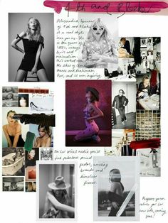 a collage of black and white photos with pink writing