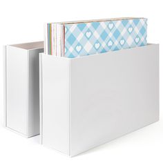 a white file holder with two dividers on the front and one side filled with papers