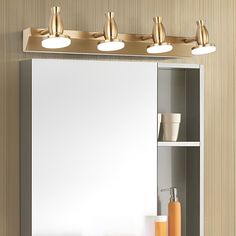 a bathroom vanity with three lights and a mirror on the wall next to it's shelf