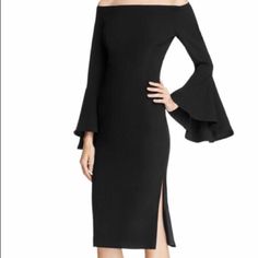 - Black - Off-The-Shoulder - Long Flare Sleeves - Zipper Closure At Back - Fitted - Lined - Self:100% Polyester; Lining: 95% Polyester, 5% Elastane - Cold Hand Wash Separately - Size 4/Xs (Measurements Lying Flat, Please See Pictures For Measurement)(First Two Photos Are Stock, Only Shows Look) - New With Tag, Doesn’t Fit Me Anymore Elegant Off Shoulder Midi Dress For Fall, Elegant Off-shoulder Dress For Fall Party, Chic Fitted Off Shoulder Dress For Fall, Fall Evening Cold Shoulder Dress, Elegant Knee-length Off Shoulder Fall Dress, Cold Shoulder Off Shoulder Dress For Fall Party, Chic Off Shoulder Midi Dress For Fall, Fitted Off Shoulder Dress For Fall Date Night, Elegant Off Shoulder Dress For Fall Evening