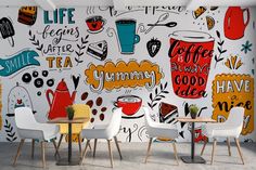 a wall mural with different types of coffee related items on it, including chairs and tables