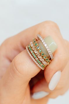 Stacked Gemstone Rings, Stacking Gemstone Rings, Kids Birthstone Ring, Emerald Ring Stack, Birthstone Ring Stack, Stacking Rings Ideas, Birthstone Stackable Rings, Engagement Aesthetic, Layering Bracelets