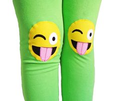 {DESCRIPTION}These fun and functional knee patch leggings are not only adorable, but they are made to last.  Made with bright apple-green, medium-weight cotton lycra, these leggings are reinforced at the knees with yellow, crazy face emojis to protect your kiddo's delicate knees from playground wear and tear.  Please note these leggings are handmade and some slight variation may occur.  Leggings have an elastic non-roll waist band for a comfortable fit.  Perfect for your emoji-obsessed kiddo!Mee Playful Fitted Pants For Playtime, Playful Fitted Bottoms For Playtime, Playful Fitted Playtime Bottoms, Stretch Cotton Fun Bottoms, Playful Stretch Pants For Playtime, Stretch Cotton Leggings For Playtime, Fitted Cotton Leggings For Playtime, Cute Green Stretch Bottoms, Playful Fitted Footless Pants