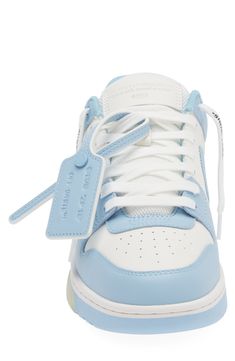 Off-White looks to '80s and '90s athletic shoes to create a modern sneaker that sports a low profile with nods to street, basketball and runner aesthetics. Directional arrows, pops of baby blue, a matching zip tag and a sinking-figure logo on the heel score winning sneakerhead points. Lace-up style Removable insole Leather and recycled-polyester textile upper/recycled-polyester textile and synthetic lining/rubber sole Imported Designer Shoes Black Owned/Founded Blue Off White Shoes, Custom Low-top Light Blue Sneakers For Streetwear, Light Blue Low-top Sneakers For Streetwear, Off-white Low-top Sneakers For Streetwear, Fade-resistant Blue Sneakers For Streetwear, Light Blue Shoes, White Out, Low Top, Up Styles