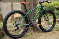 a green mountain bike parked next to a tree