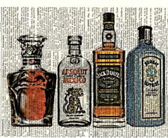 an old book page with liquor bottles on it