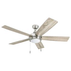 a white ceiling fan with wooden blades and a light on the top, against a white background