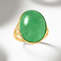 Ross-Simons - Jade Ring in 14kt Yellow Gold. Size 9. Every jewelry box needs a touch of jade! This glossy statement ring showcases a fabulous 15x20mm oval jade cabochon bursting with its signature green hue. Set in polished 14kt yellow gold on a unique open-space split shank. 3/4" wide. Jade ring. Elegant Emerald Jade Ring With Cabochon, Formal Oval Jade Emerald Ring, Modern Oval Jade Ring, Elegant Jade Rings With Cabochon, Elegant Jade Cabochon Rings, Modern Oval Jade Jewelry, Elegant Formal Jade Rings, Modern Jade Cabochon Jewelry, Coral Drop Earrings