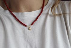 Elegant Red Coral Necklace With 14K Gold Urchin and Aquamarine , Beaded Necklace With Pearls , Summer Necklace - Etsy Faceted Red Coral Beads Jewelry Gift, Handmade Red Rondelle Jewelry, Red Rondelle Jewelry For Gifts, Red Beaded Necklace, Necklace With Pearls, Red Beaded Necklaces, Red Coral Necklace, Coral Necklace, Summer Necklace