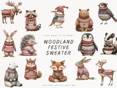 woodland festive sweaters are featured in this watercolor illustration set, with animals wearing sweaters