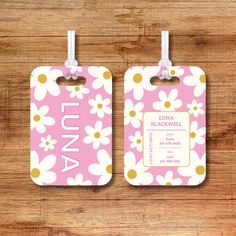 Discover the cutest personalized bag tags for kids! Ideal for back-to-school use on backpacks or sports bags. Also a fun and stylish diaper bag tag or luggage as a gift for kids' upcoming travels - the options are endless! Proudly made in the USA, these tags are durable and water-resistant. Each tag comes with a clear acrylic tie for effortless attachment. Customize the back with your contact information to ensure your little one's bag is never lost again! Stay organized and stylish with these p Personalized Rectangular Luggage Tag For School, Customizable Pink Luggage Tag For Travel, Personalized Pink Bag For Daycare, Personalized Pink Luggage Tag For School, Personalized White Rectangular Luggage Tag, Customizable Pink Luggage Tag For Gifts, Personalized Pink Luggage Tag For Travel, Personalized Pink Luggage Tag For Gift, Personalized Pink Luggage Tag Gift