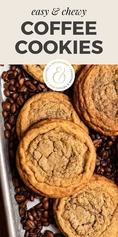 coffee cookies and coffee beans on a tray with the words easy & cheesy coffee cookies