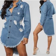 New With Tag Size: Medium Brand: Fashion Nova Oversized Distressed Denim Tunic Frayed Hem Material: 75% Cotton, 25% Polyester Casual Non-stretch Long Sleeve Denim Dress, Trendy Button-up Medium Wash Denim Dress, Non-stretch Long Sleeve Denim Dress, Black Satin Midi Dress, Fitted Long-sleeved Denim Blue Mini Dress, Forever 21 Fitted Denim Dress, Cream Midi Dress, Poplin Shirt Dress, Denim Tunic