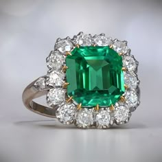 Colombian Emerald Ring, Estate Diamond Jewelry, European Cut Diamond Ring, Columbian Emeralds, Emerald And Diamond Ring, Gia Certificate, Gemstone Engagement, Colombian Emeralds, 18k Yellow Gold Ring