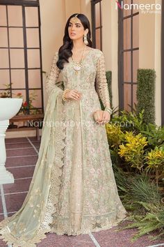 Pakistani Pishwas Dress Pakistani Long Dresses, Dress Pakistani, Organza Lehenga, Organza Sleeves, Desi Clothes, Embroidered Chiffon, Embroidered Organza, Chiffon Dupatta, Pakistani Designers