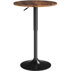 a round wooden table with black metal base and an iron base on the top, in front of a white background