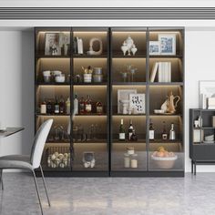 an empty dining room with glass doors and shelves