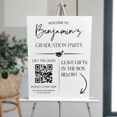 a welcome sign for a graduation party with qr code on the front and back