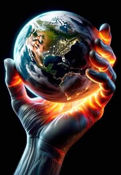 a hand holding the earth in flames