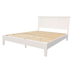 a white bed with wooden slats and headboard is shown against a white background