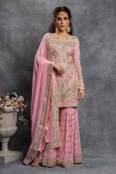 Shop for Shian Pink Georgette Gota Embroidered Gharara Set for Women Online at Aza Fashions Sheetal Batra, Niti Bothra, Heena Kochhar, Culture Clothes, Cutdana Embroidery, Kurta Sharara Set, Motif Embroidery, Punjabi Salwar, Kurta Sharara