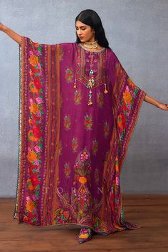 Purple batwing sleeves kaftan crafted in muslin silk with all over ambrosia digital print, gota lace embellishments on the border and tie-up details to cinch the waist. - Aza Fashions Traditional Purple Silk Kaftan, Silk Kaftan With Dabka For Festivals, Festive Silk Kaftan With Digital Print, Multicolor Silk Kaftan With Resham Embroidery, Silk Dabka Kaftan For Festivals, Traditional Kaftan With Digital Print And Kimono Sleeves, Festive Digital Print Kaftan For Eid, Traditional Digital Print Tunic Kaftan, Silk Digital Print Festival Kaftan