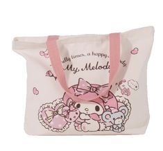 a hello kitty tote bag is shown with the hello kitty message on it's side