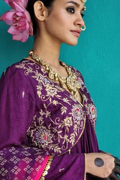 Purple anarkali with sequin, thread, cutdana embroidery in floral pattern on yoke. Paired with pant and bandhani print dupatta. - Aza Fashions Bollywood Style Lehenga With V-neck And Mirror Work, Traditional V-neck Sharara For Party, Designer V-neck Choli With Resham Embroidery, Designer V-neck Anarkali Set With Resham Embroidery, Anarkali Set With V-neck And Dupatta, Traditional V-neck Anarkali Set With Dupatta, Anarkali V-neck Sharara For Festive Occasions, V-neck Anarkali Set For Diwali, Festive Bollywood Anarkali Set With V-neck