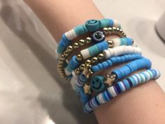 These are some pretty blue clay bead bracelets Blue Clay Bead Bracelets, Clay Beaded Bracelets, Bracelets Clay, Clay Bead Bracelets, Clay Bead Bracelet, Blue Clay, Clay Bead, Bracelet Ideas, Pretty Bracelets