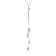 Complement her fun and flirty personality with this feminine fashion necklace. Crafted in sterling silver, this sassy lariat style highlights a pair of glittering arrow dangles, each suspended beneath lengths of slender chain. A polished ball completes the look. Buffed to a brilliant luster, this 18.0-inch cable chain necklace secures with a lobster claw clasp. Flower Diamond Necklace, Diamond Cluster Necklace, Zales Zales, Gold Necklace Diamond, Solitaire Necklace, Cable Chain Necklace, Feminine Fashion, Necklace Diamond, Solitaire Necklaces