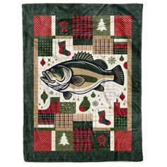 a christmas themed quilt with a fish on the front and green, red, and white plaid